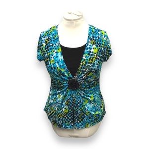 Notations Women’s Cap Sleeve V Neck Knotted Front Blouse Y2K Abstract Green PL